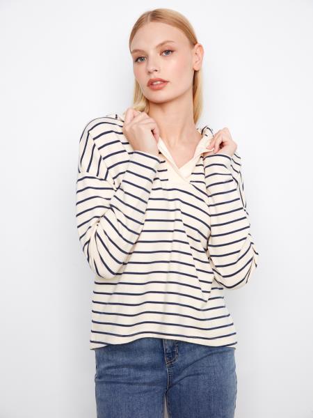 V - Neck Striped Hoodie With High - Low Hem - C1351X/608C - Style CoastCharlie B690178719752