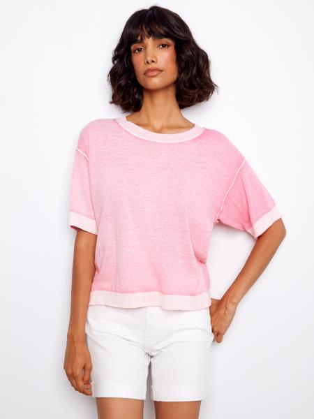 Reverse Print Short Sleeve Crew Neck Sweater - C2947V/261B - Style CoastCharlie B690178724497