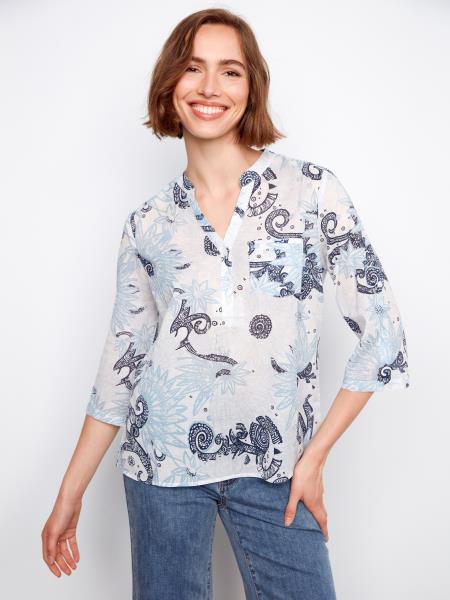 Printed Roll Up Sleeve Blouse - C4188AR/884B - Style CoastCharlie B690178752308
