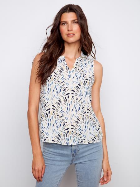 Printed Sleeveless Blouse With Ruffle - C4529RR/510B - Style CoastCharlie B690178746833