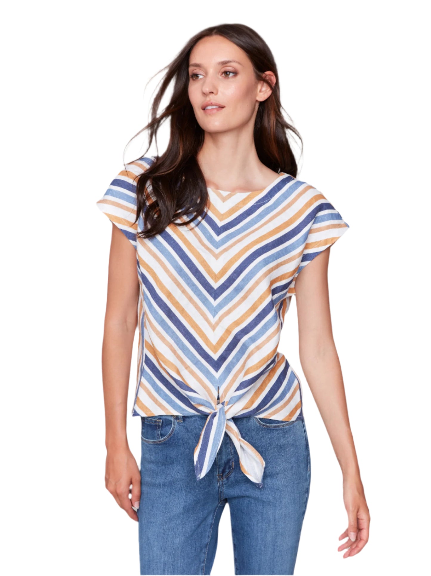 Striped Cap Sleeve Round Neck Front Tie Top C4271