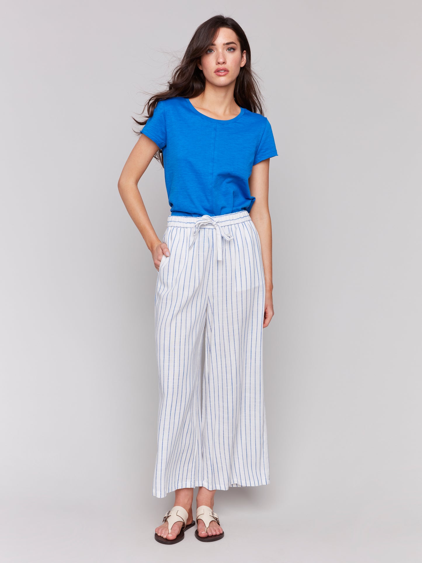 Printed Stripe Cropped Linen Pant C5657
