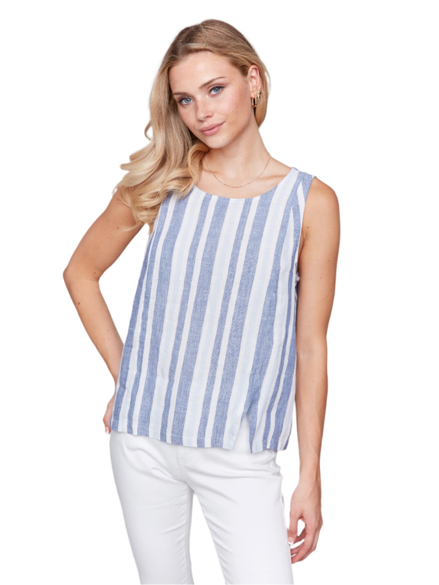 Printed Sleeveless Linen Top With Slit C4543YR