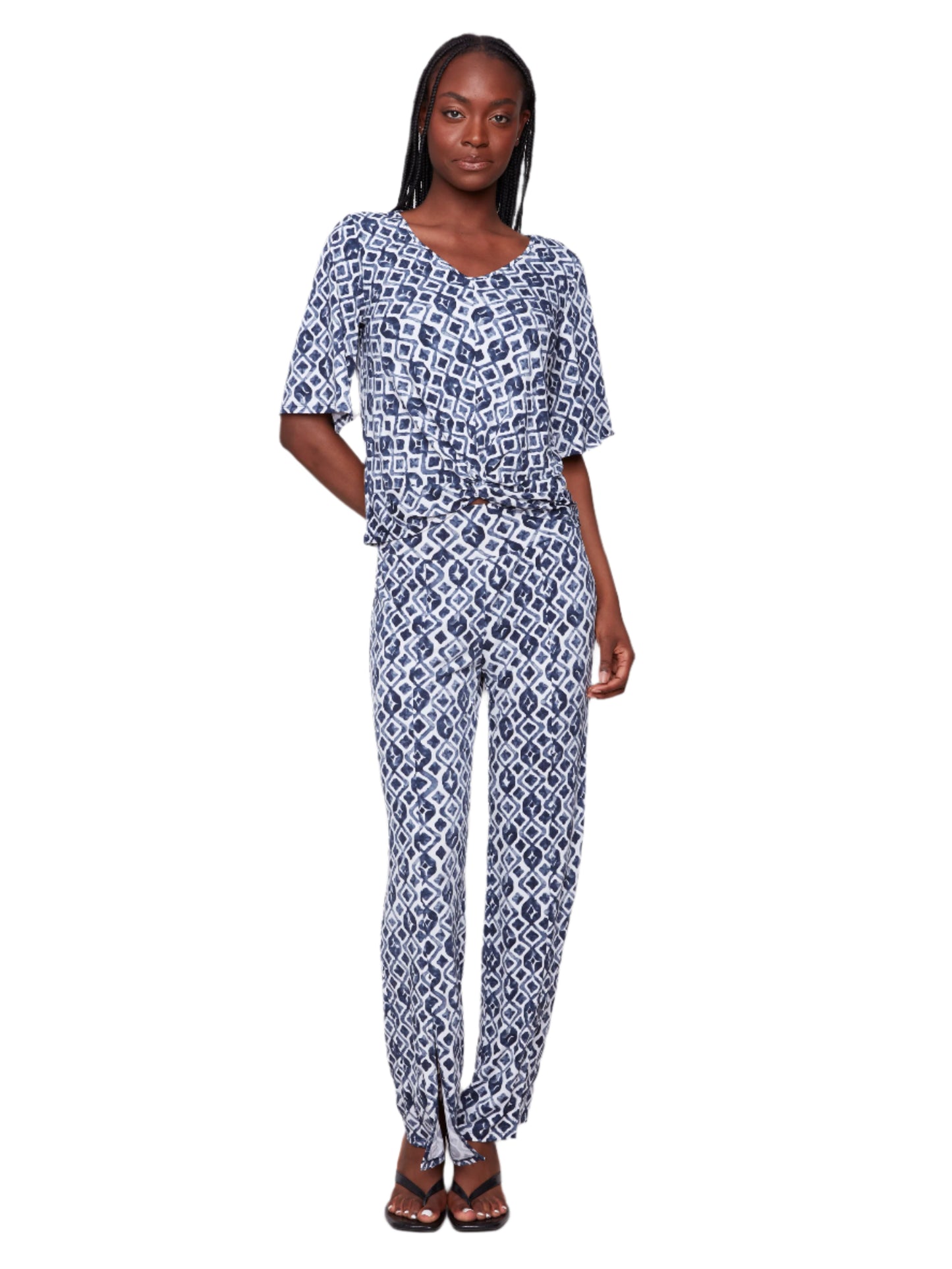 Printed V Neck Top With Knot C1360RP