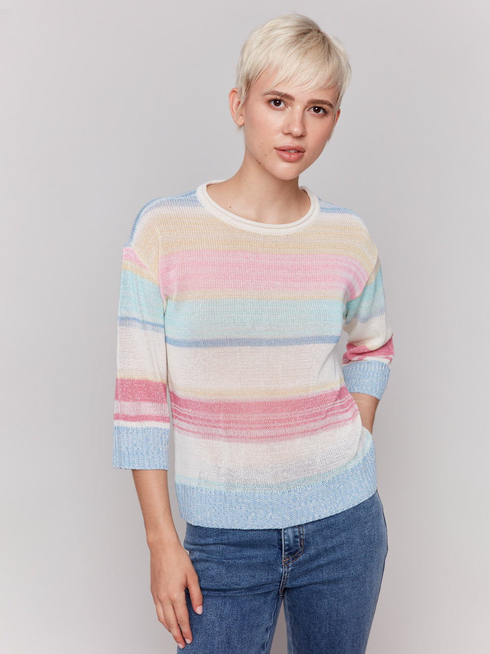 Striped 3/4 sleeve crew C2787