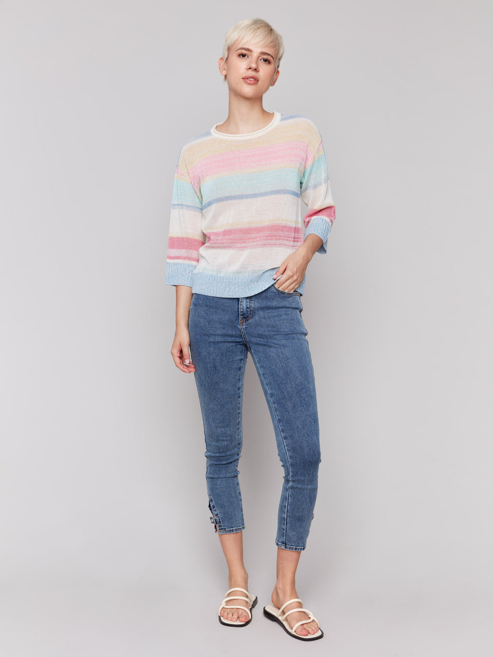 Striped 3/4 sleeve crew C2787