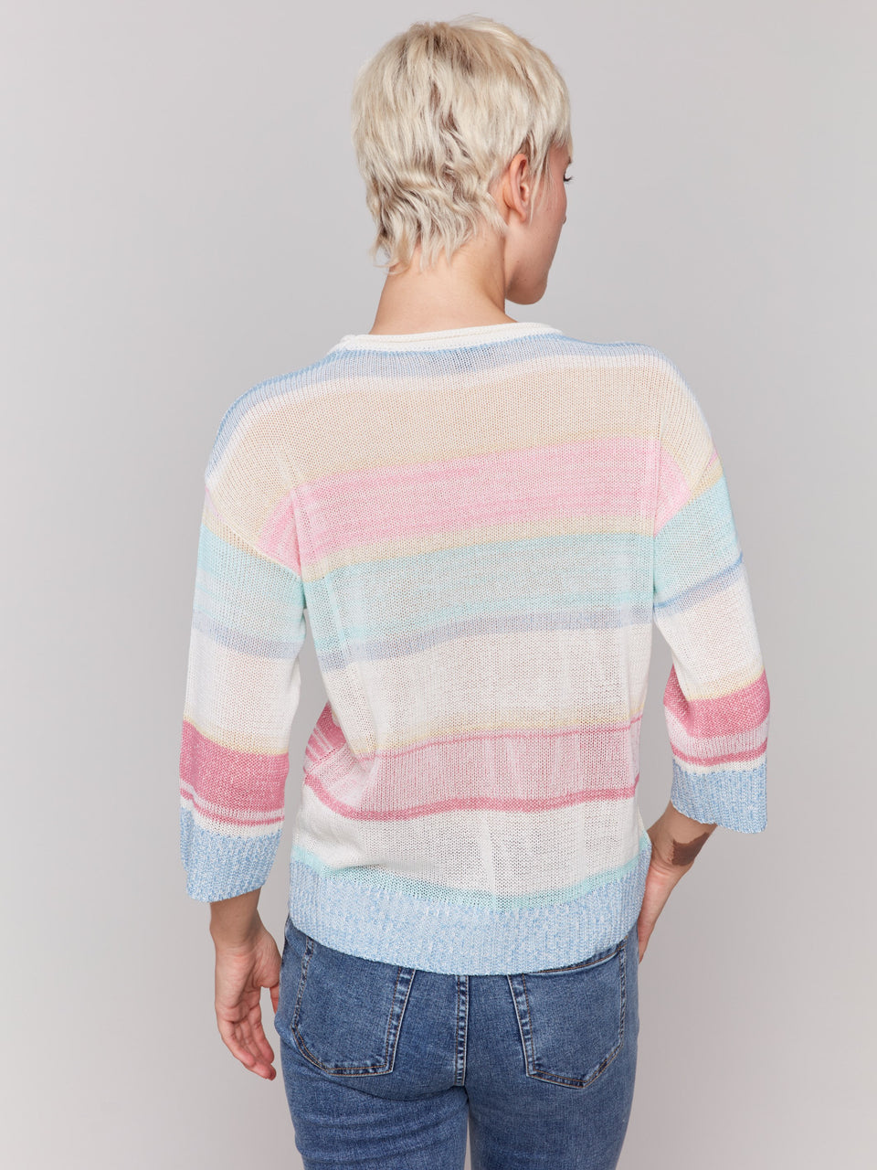 Striped 3/4 sleeve crew C2787