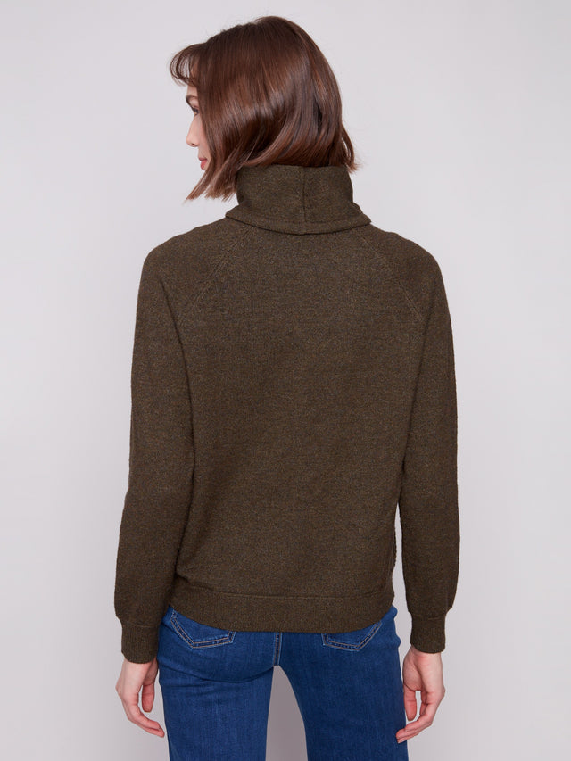Textured Raglan Small Cowl Neck Knit Sweater C2939