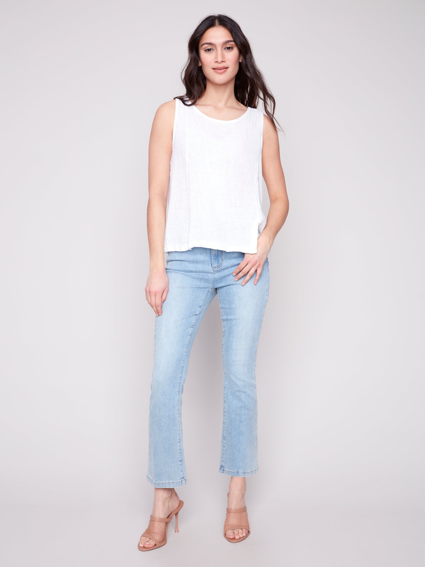 Solid Sleeveless Linen Top With Slits C4543R