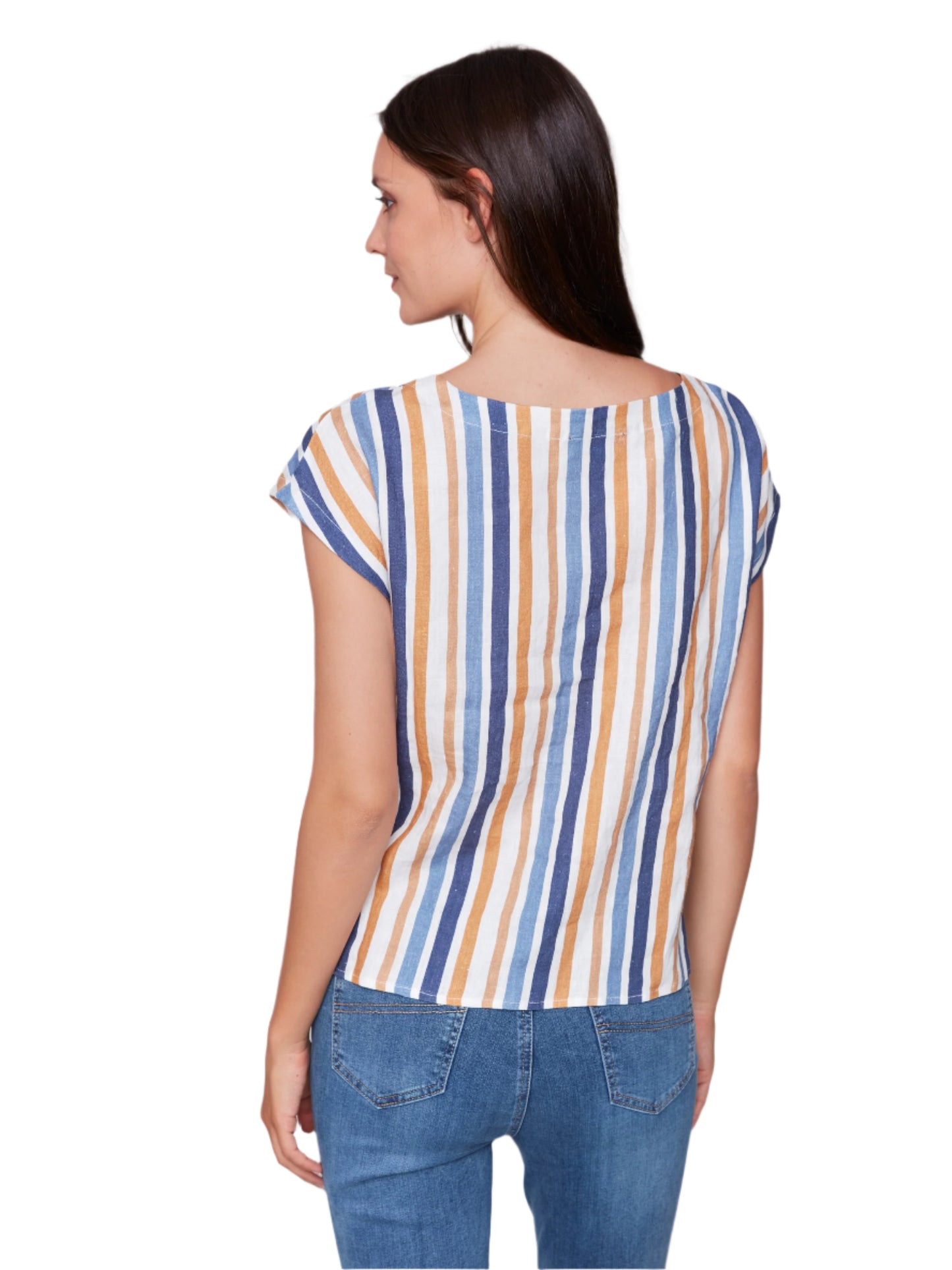 Striped Cap Sleeve Round Neck Front Tie Top C4271