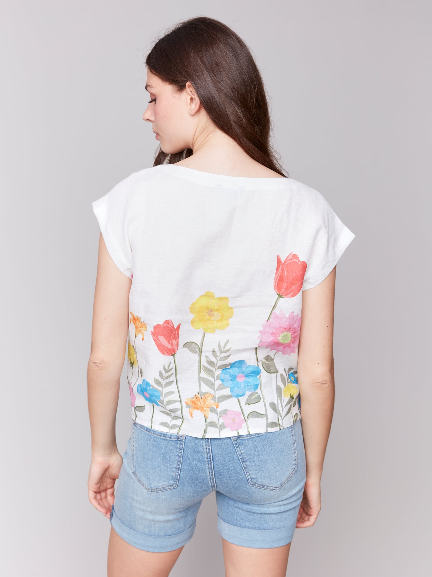 Border Print Cap Sleeve Round Neck Front Tie Top C4271BA