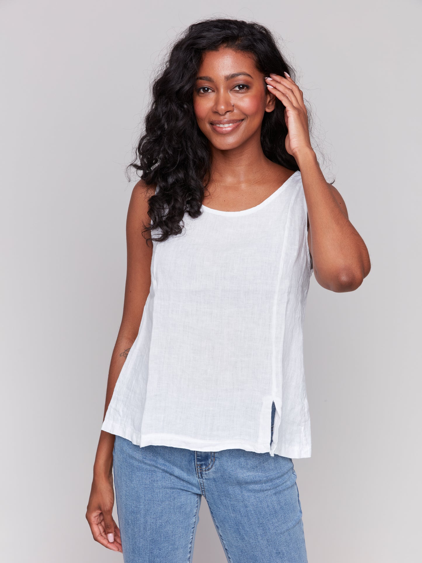 Solid Sleeveless Linen Top With Slits C4543R