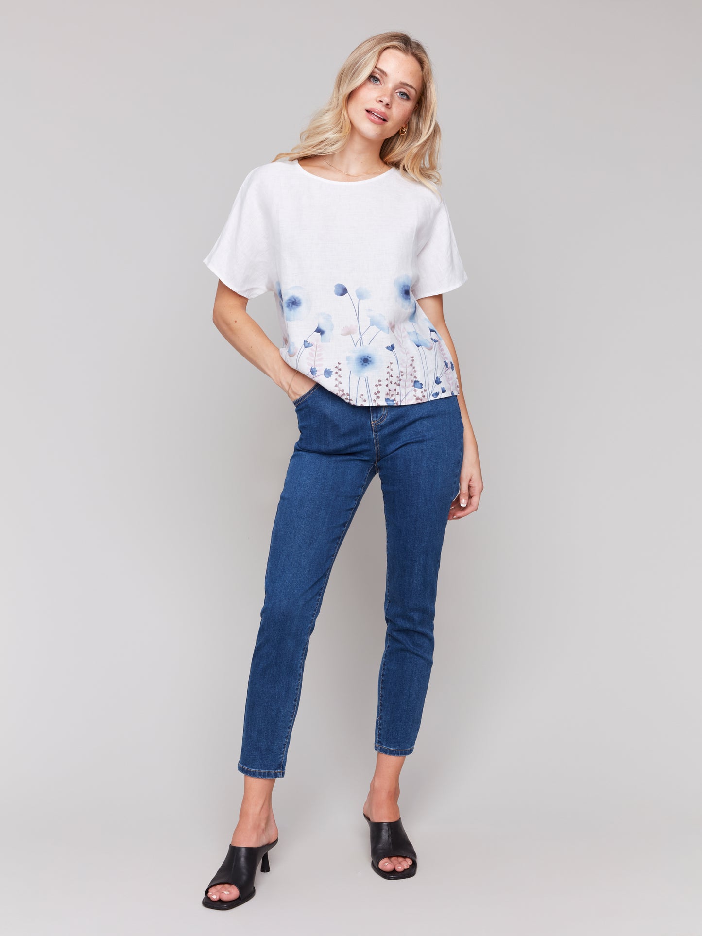 Short Sleeves Dolman Woven Printed Top c4487P