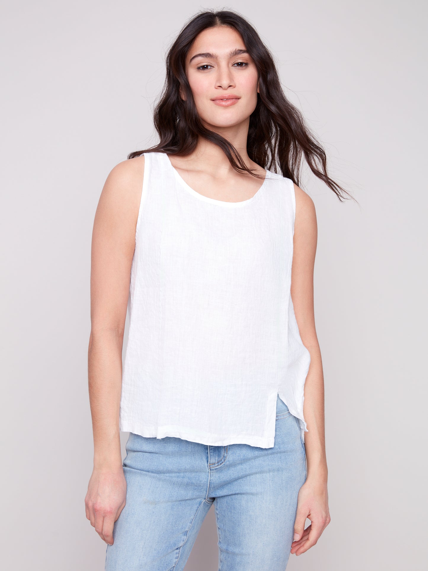 Solid Sleeveless Linen Top With Slits C4543R