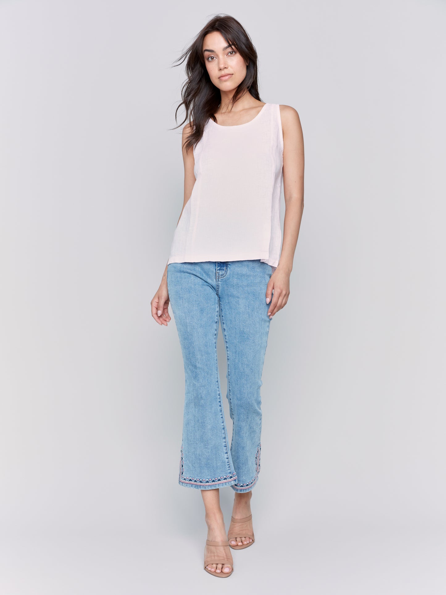 Solid Sleeveless Linen Top With Slits C4543R