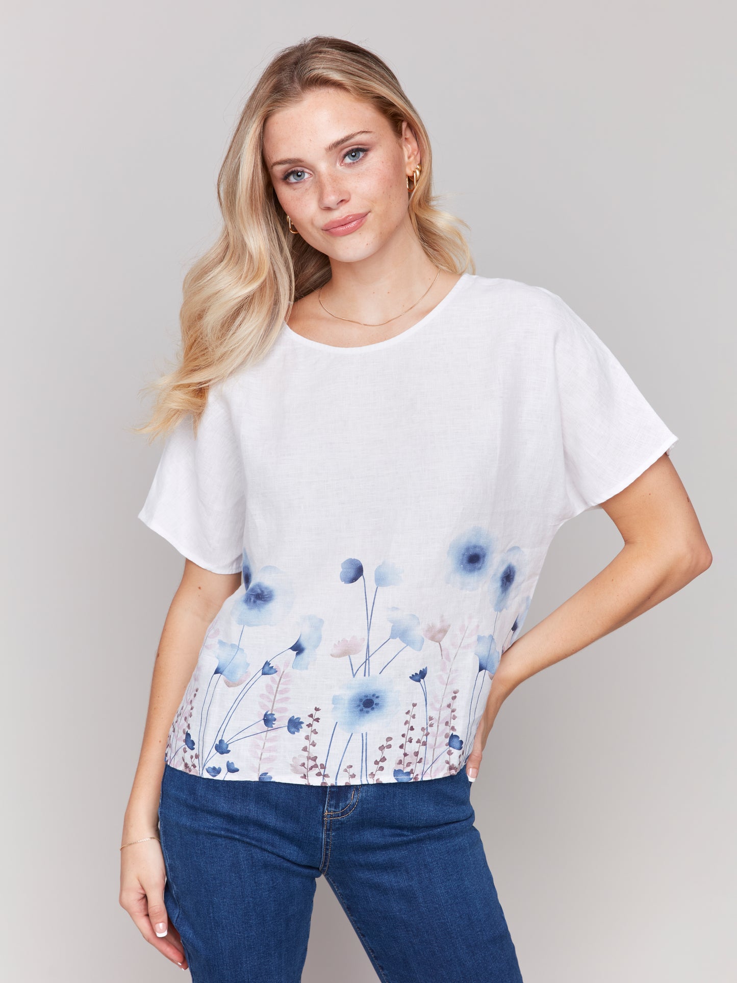 Short Sleeves Dolman Woven Printed Top c4487P