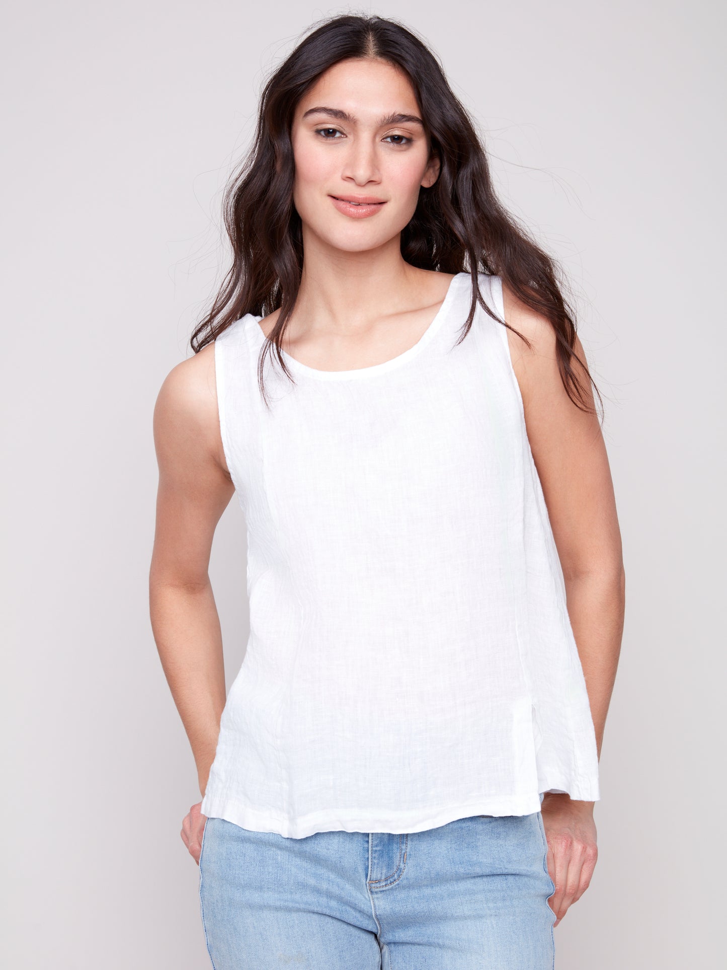 Solid Sleeveless Linen Top With Slits C4543R