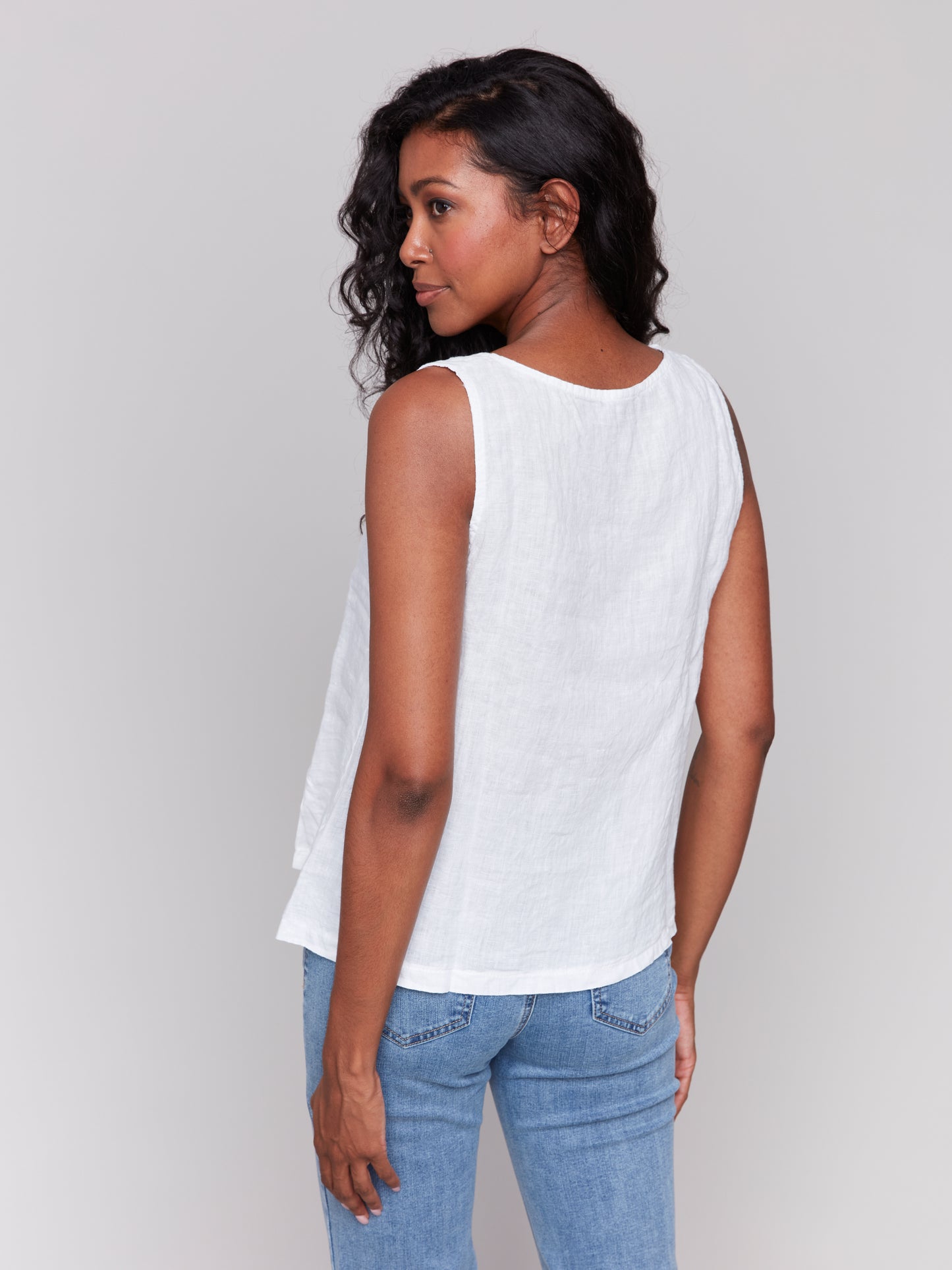 Solid Sleeveless Linen Top With Slits C4543R