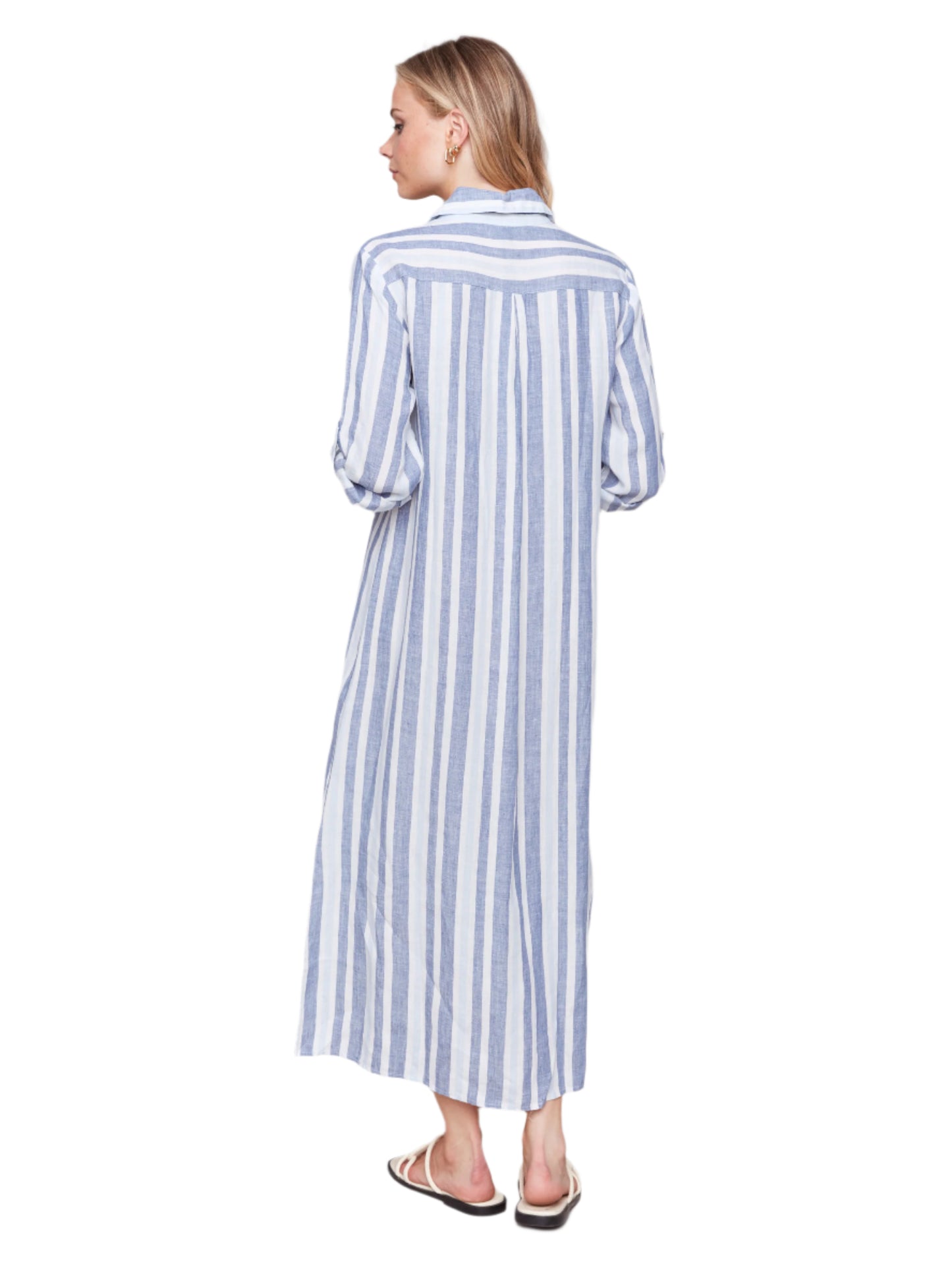 Striped 3/4 Roll Up Sleeves Button Front Dress C3106RY