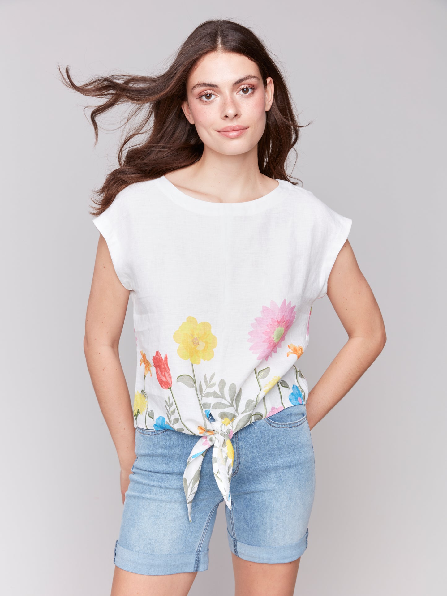 Border Print Cap Sleeve Round Neck Front Tie Top C4271BA