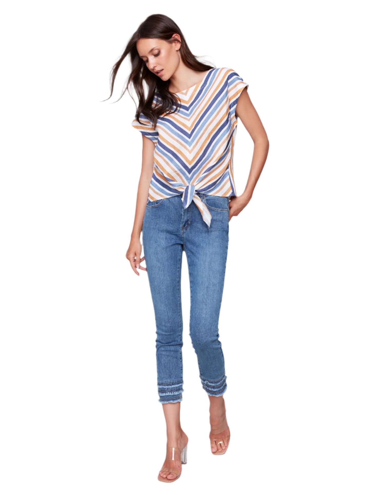 Striped Cap Sleeve Round Neck Front Tie Top C4271