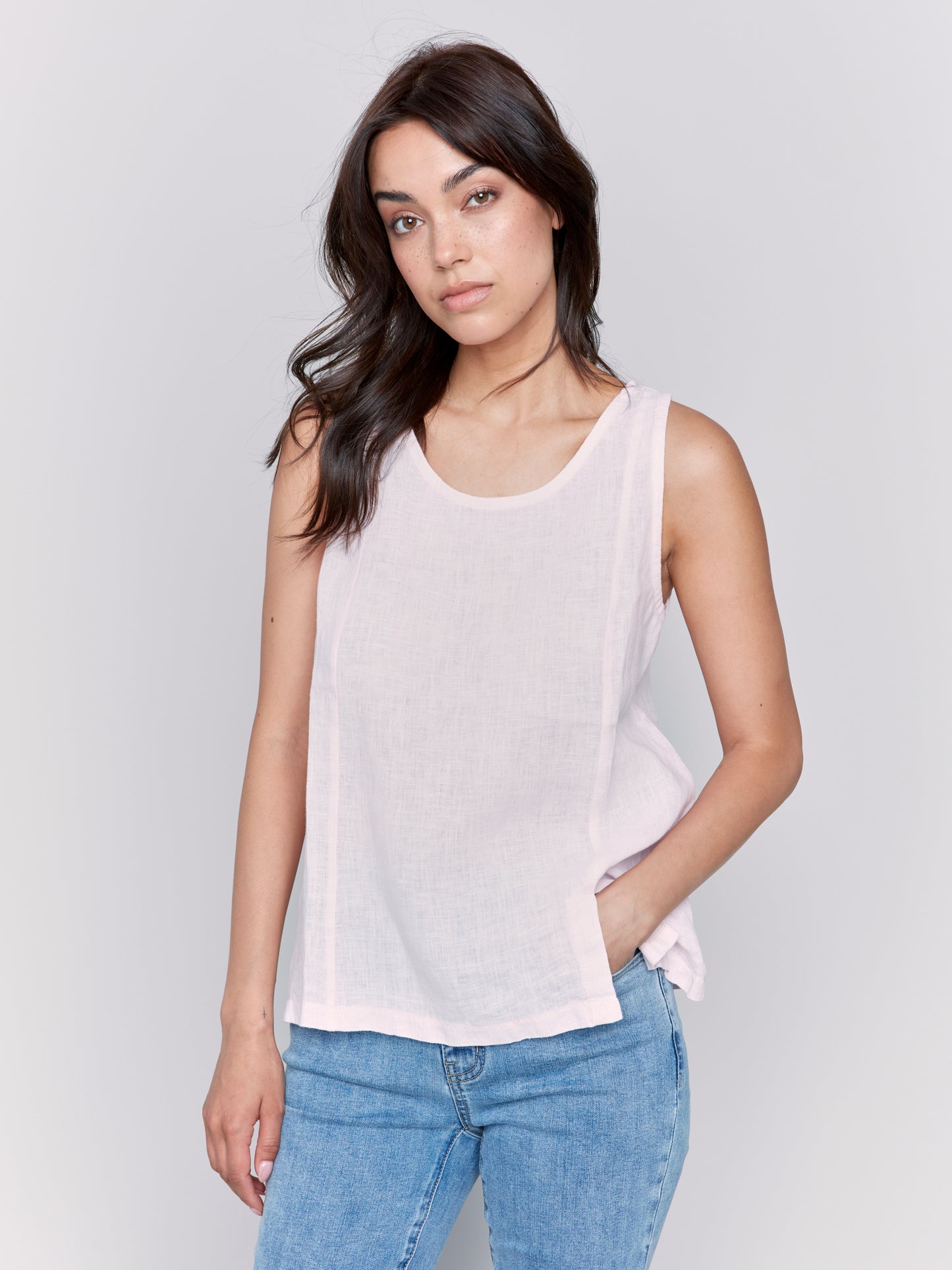Solid Sleeveless Linen Top With Slits C4543R