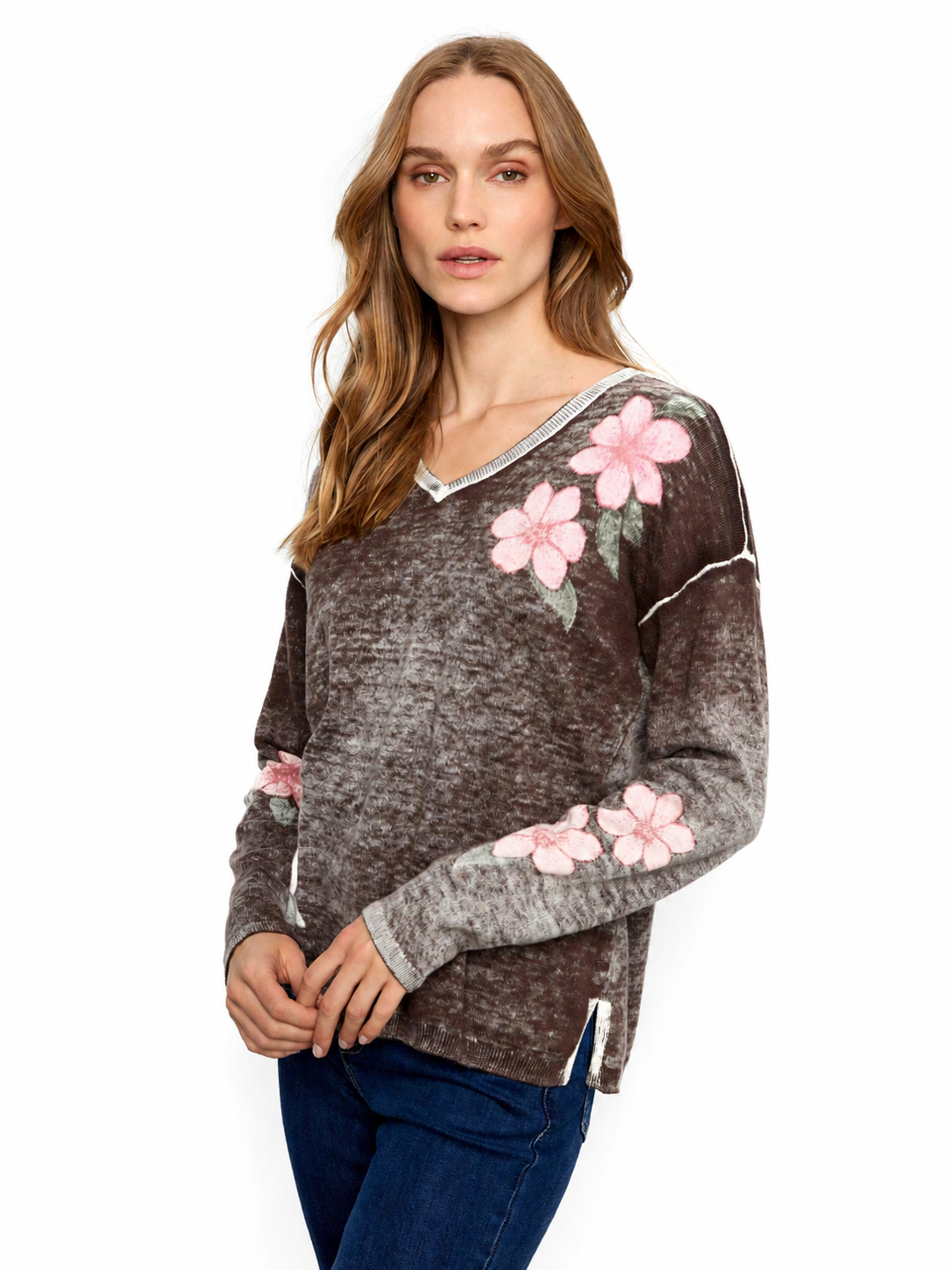 Charlie B Reversible Floral V-Neck Sweater C2907PW
