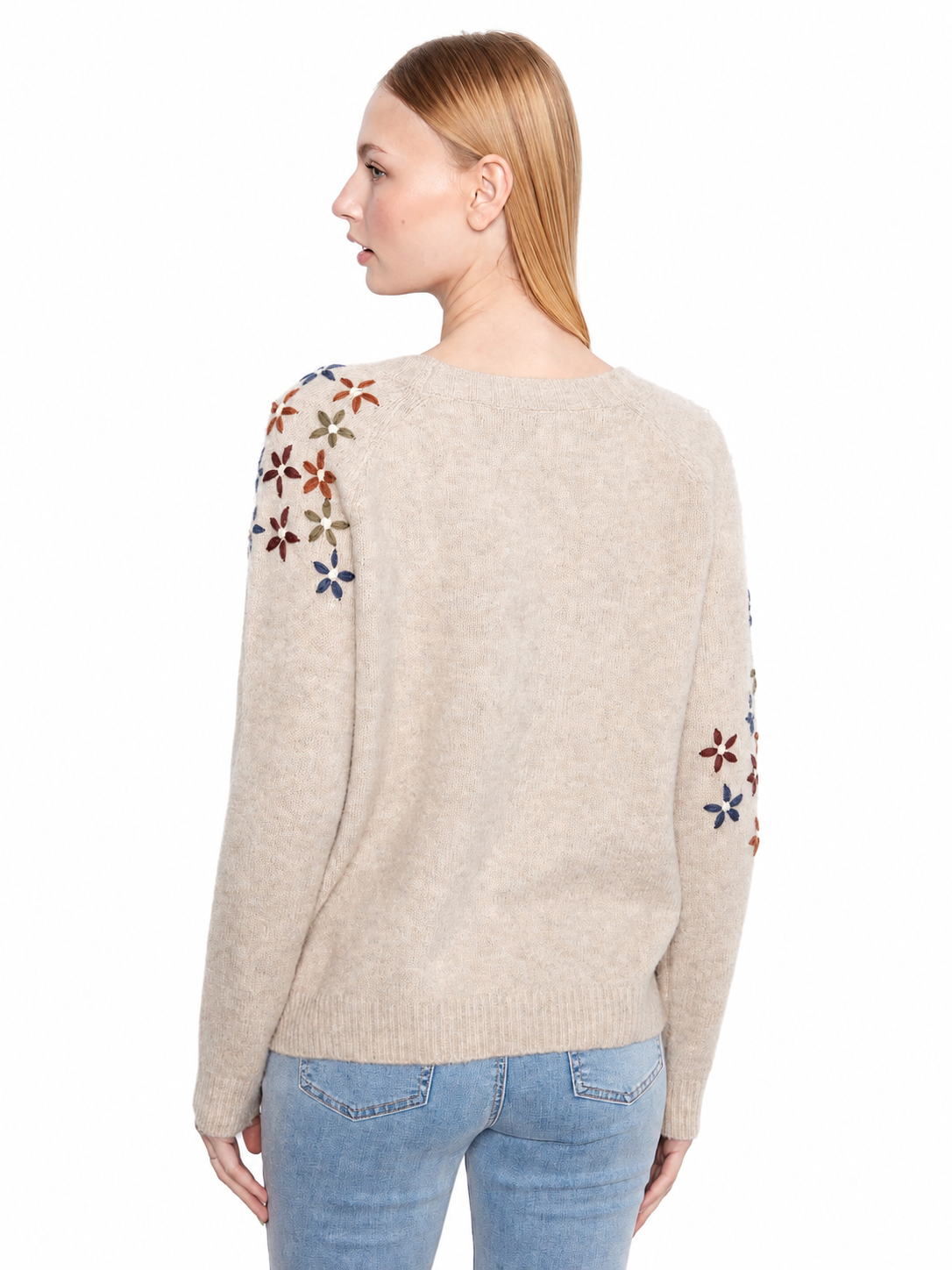 Charlie B Floral Embroidered Raglan Crew-Neck Sweater C2842ERW
