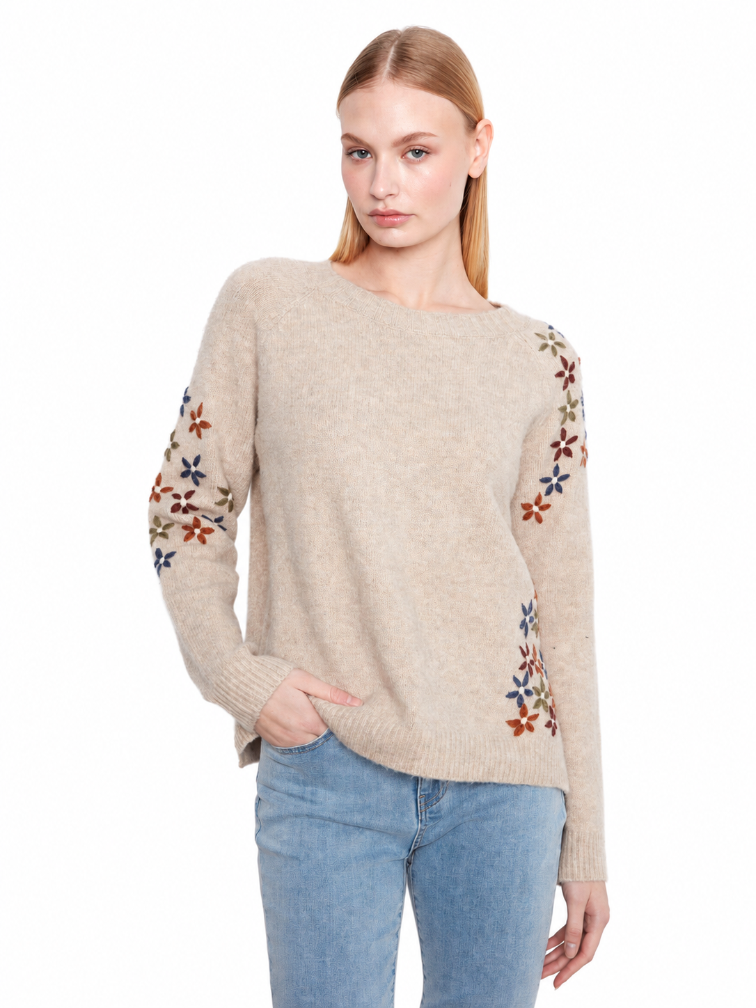 Charlie B Floral Embroidered Raglan Crew-Neck Sweater C2842ERW