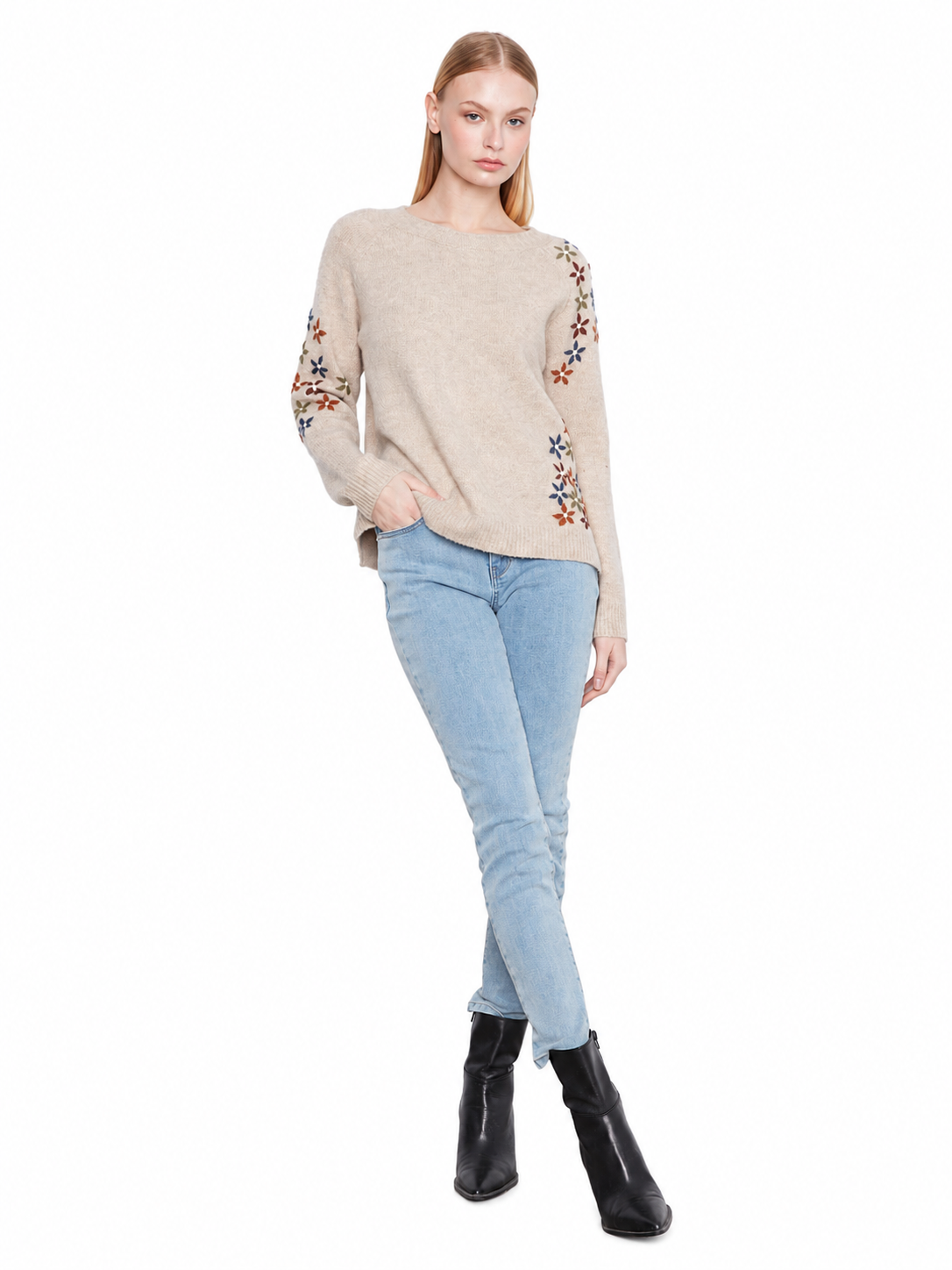 Charlie B Floral Embroidered Raglan Crew-Neck Sweater C2842ERW