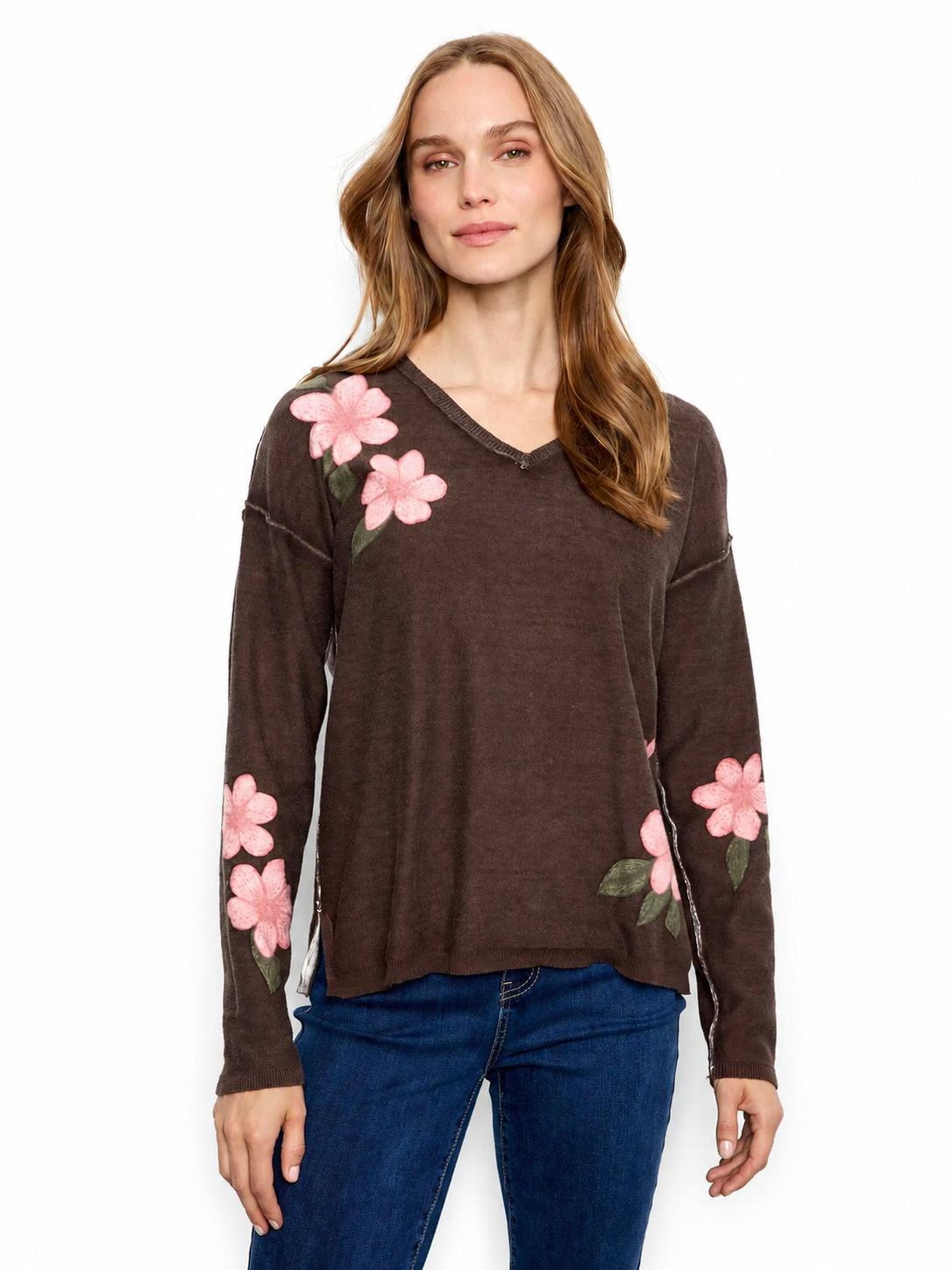 Charlie B Reversible Floral V-Neck Sweater C2907PW