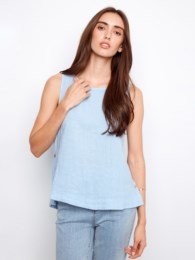 Crisp Linen Sleeveless Blouse With Side Buttons - C4425TR/035B - Style CoastCharlie B690178763373