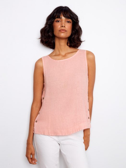 Crisp Linen Sleeveless Blouse With Side Buttons - C4425TR/035B - Style CoastCharlie B690178710964