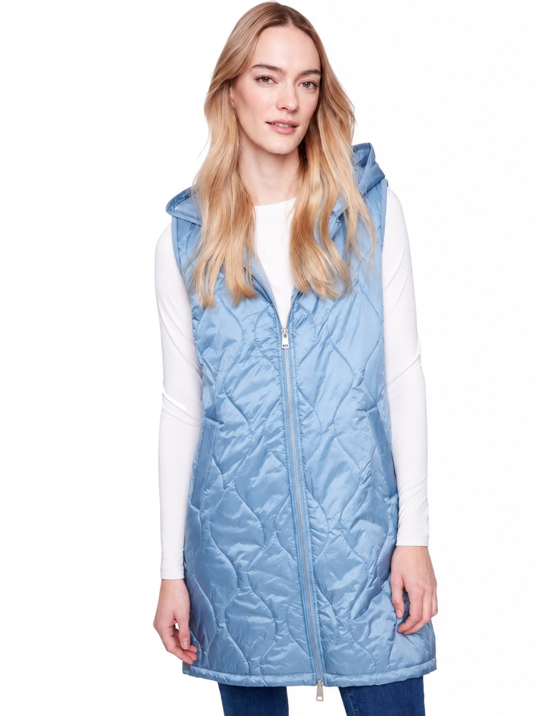 Charlie B Pearlized Long Hooded Puffer Vest C6365W - Style CoastCharlie B690178686931
