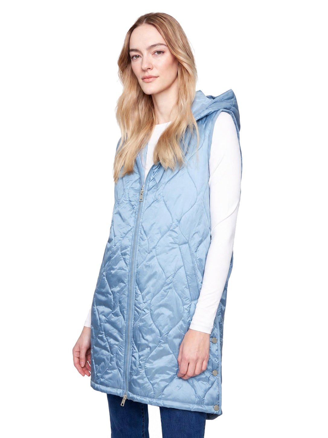 Charlie B Pearlized Long Hooded Puffer Vest C6365W - Style CoastCharlie B690178686931