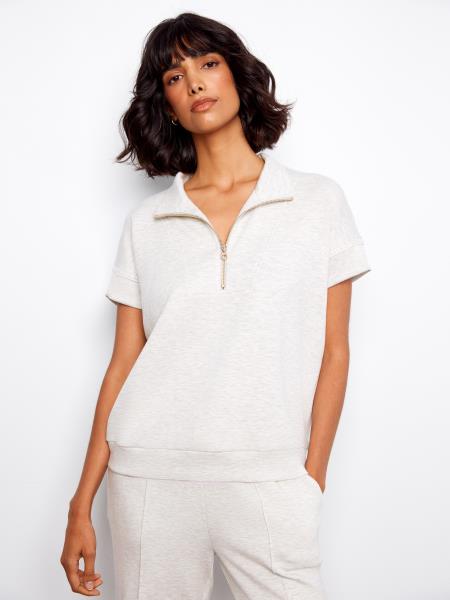 Short Sleeve Half - Zip Collar Top With Blanket Stitch - C1445/479C - Style CoastCharlie B690178769436