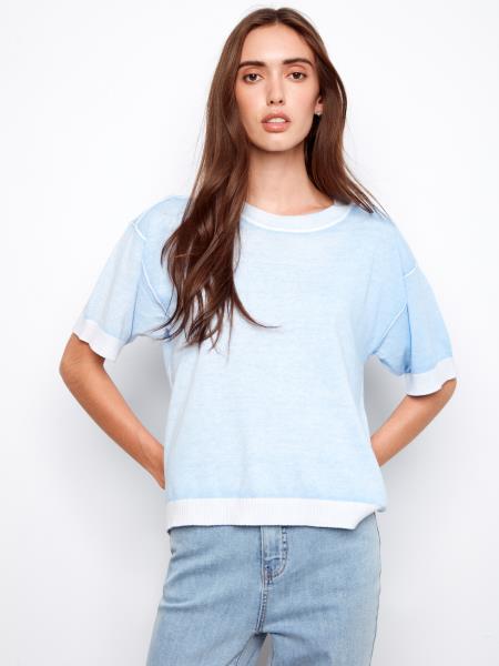Reverse Print Short Sleeve Crew Neck Sweater - C2947V/261B - Style CoastCharlie B690178724435