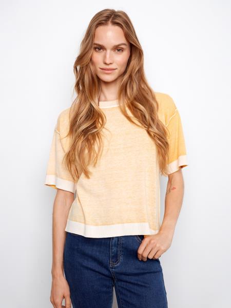 Reverse Print Short Sleeve Crew Neck Sweater - C2947V/261B - Style CoastCharlie B690178724619