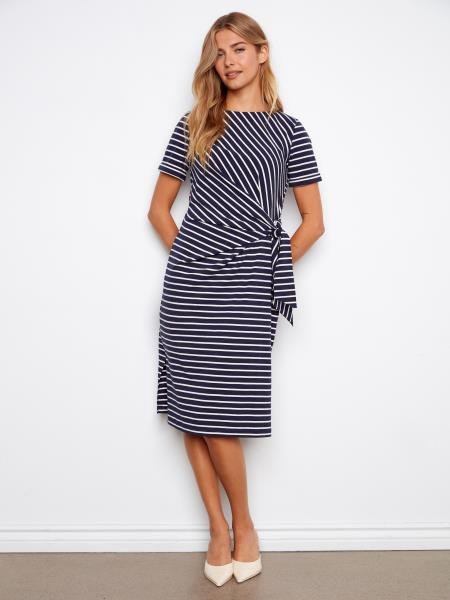 Striped Short Sleeve With Cuff, Boat Neck Dress With Tie - C3250T/579C - Style CoastCharlie B690178720277