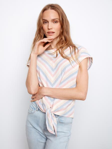 Yarn - Dye Stripe Linen Front - Tie Blouse - C4271R/237C - Style CoastCharlie B690178723650