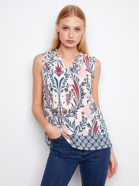 Border Print Ruffle Neck Sleeveless Top - C4529B/510B - Style CoastCharlie B690178721533