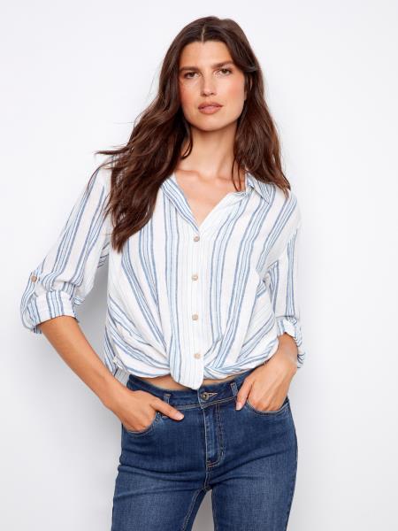 Yarn Dye Stripe Twist Front with Roll - Up L/S - C4604R/486C - Style CoastStyle Coast690178724312