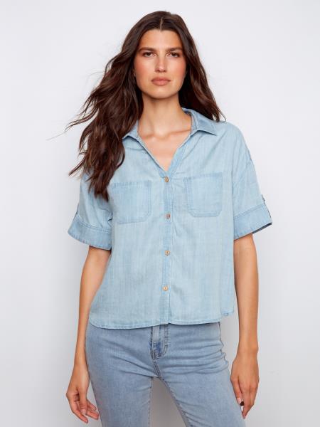 Short Sleeve Button Front Tencel Blouse With Patch Pockets - C4688/578C - Style CoastCharlie B690178713682