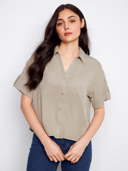 Short Sleeve Button Front Tencel Blouse With Patch Pockets - C4688/589C - Style CoastStyle Coast690178713804