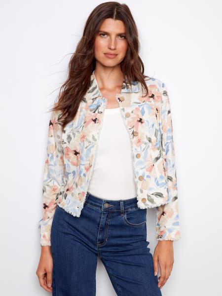 Printed Linen Jacket With Frayed Hem - C6199TP/229B - Style CoastCharlie B690178734656