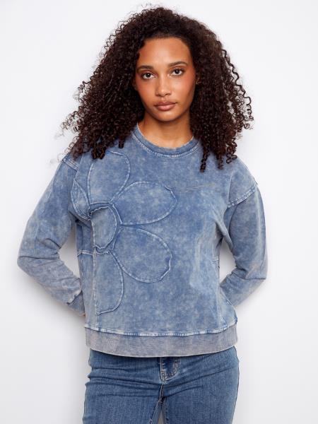 Long Sleeve Top With Flower Applique - C1417/377C - Style CoastCharlie B690178719301