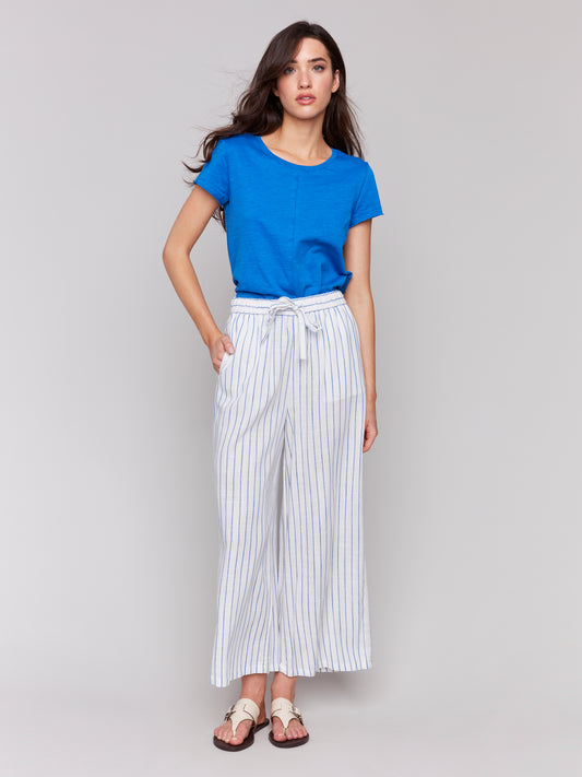 Printed Stripe Cropped Linen Pant C5657