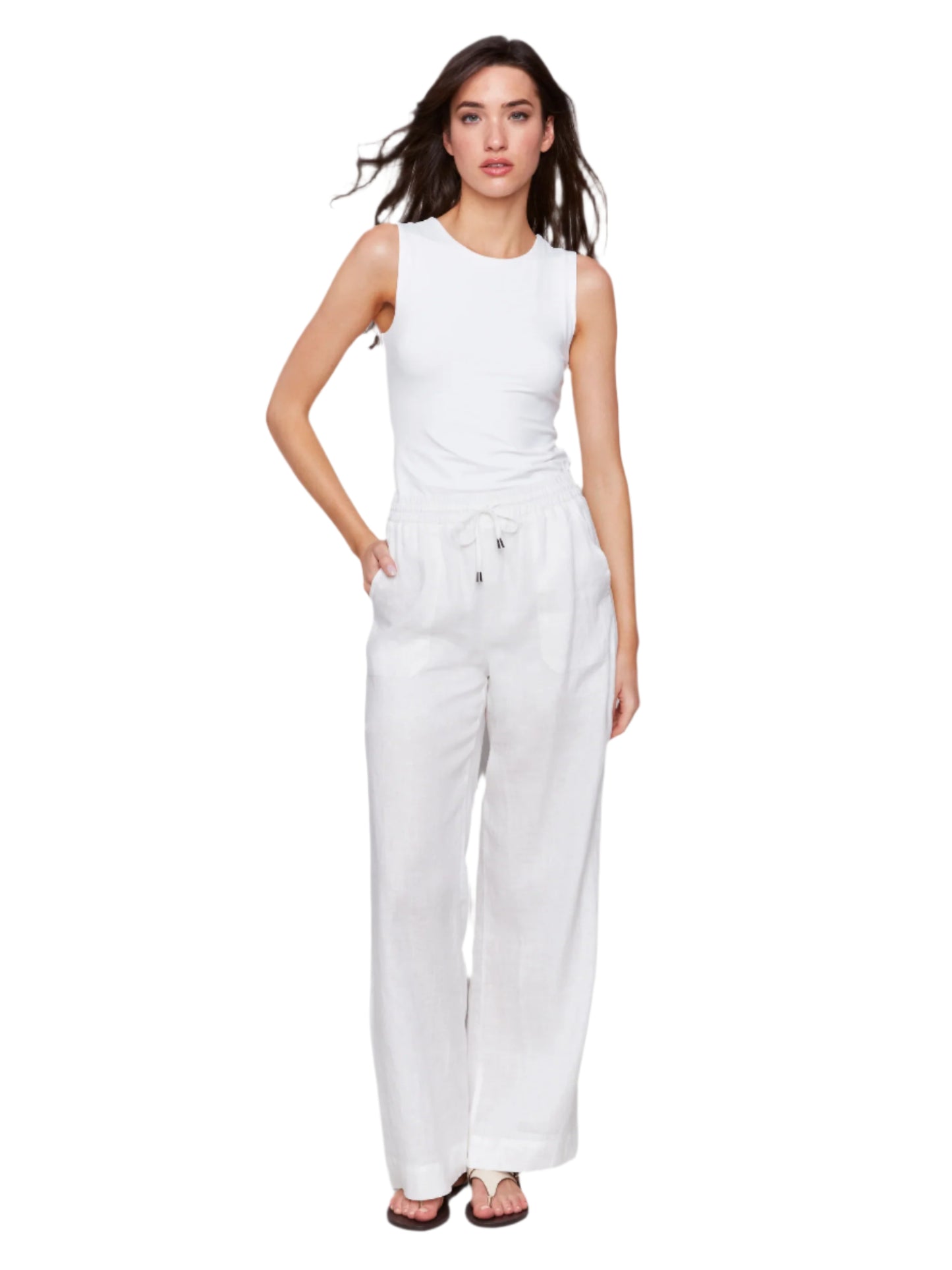 Tie Waist Pull On Linen Wide Leg Pant With Pockets C5655