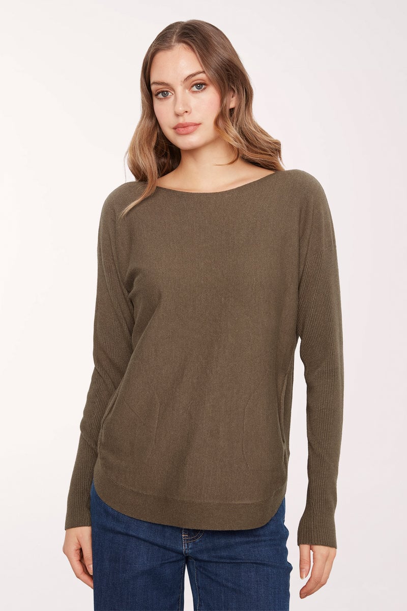Charlie B Rounded Hem  Boat Neck Sweater C2170ZR