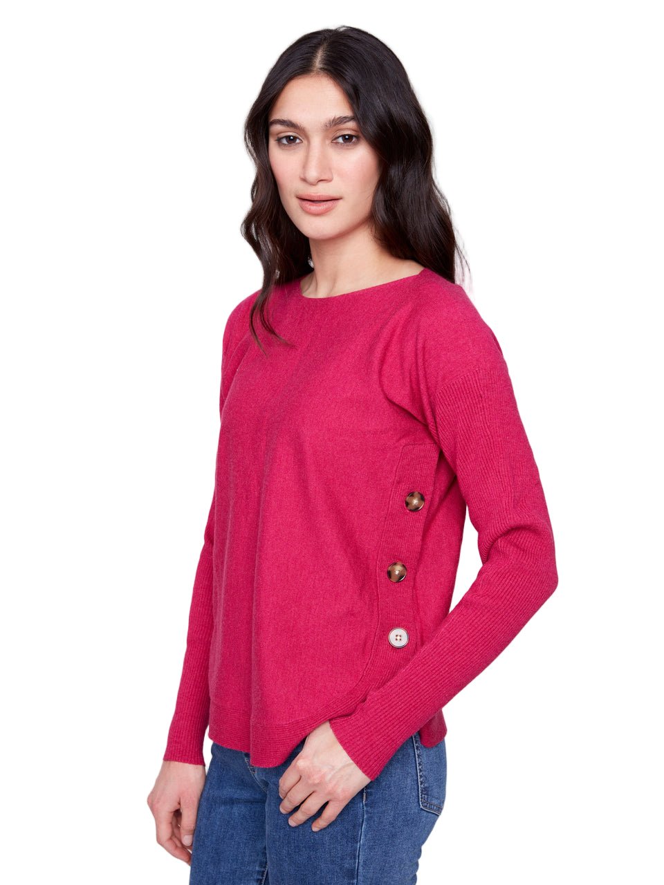 Boat Neck Sweater With Side Buttons Detail C2871 - Style Coast_